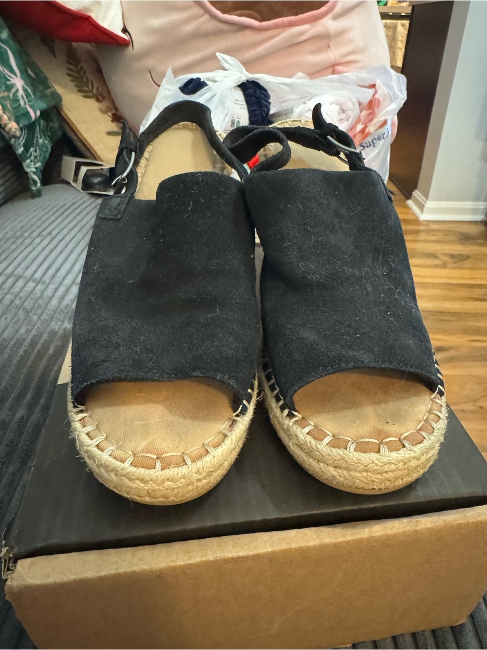 Toms Black Suede Open-Toe Espadrille Wedge Sandals - Women - Picture 1 of 5
